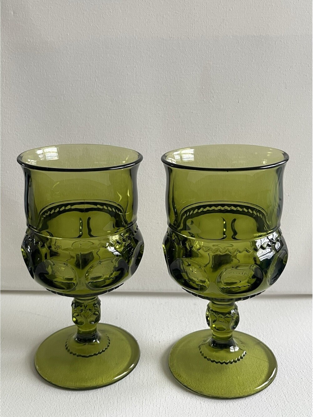 Vtg Indiana Green Thumbprint Wine 6”Goblets Set Of 2 Elegant Glass Retro Whimsy